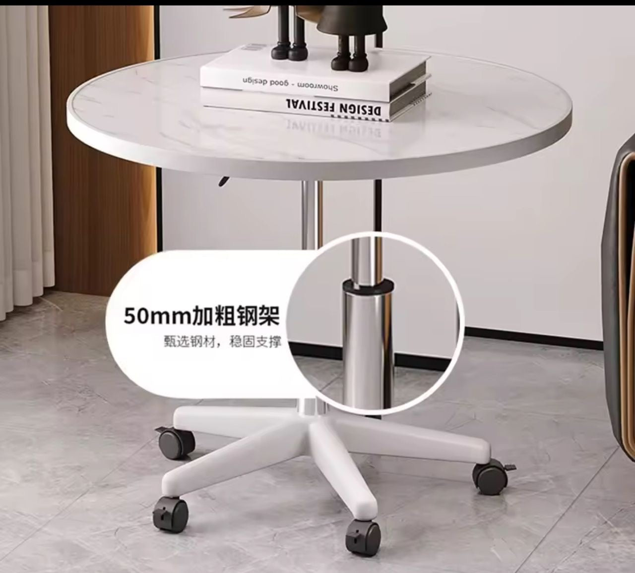 Table roulante réglable en hauteur – Plateau rond blanc, base à roulettes Electroshopdakar