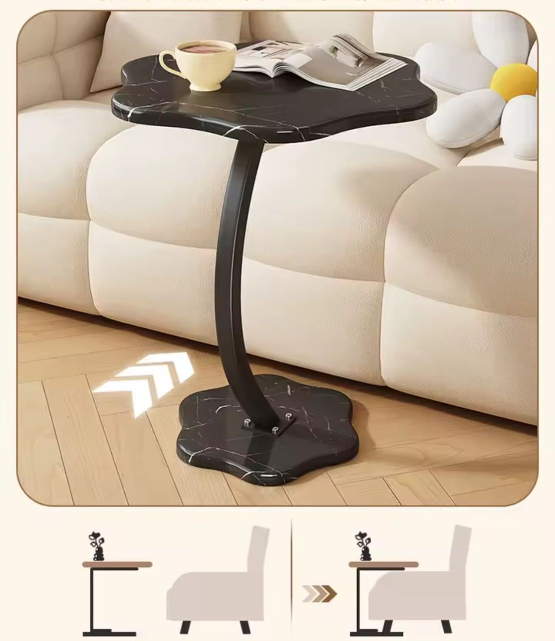 Table d’appoint design en forme de fleur – Plateau noir effet marbre, base incurvée pour canapé Electroshopdakar