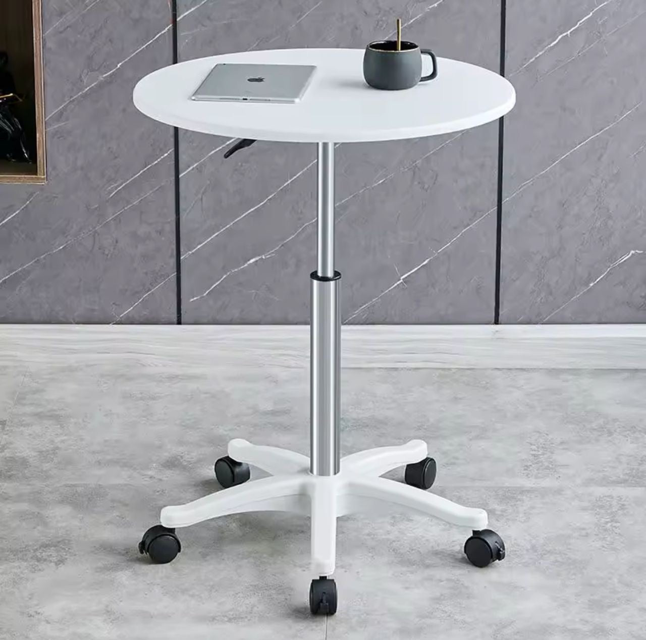 Table roulante réglable en hauteur – Plateau rond blanc, base à roulettes Electroshopdakar