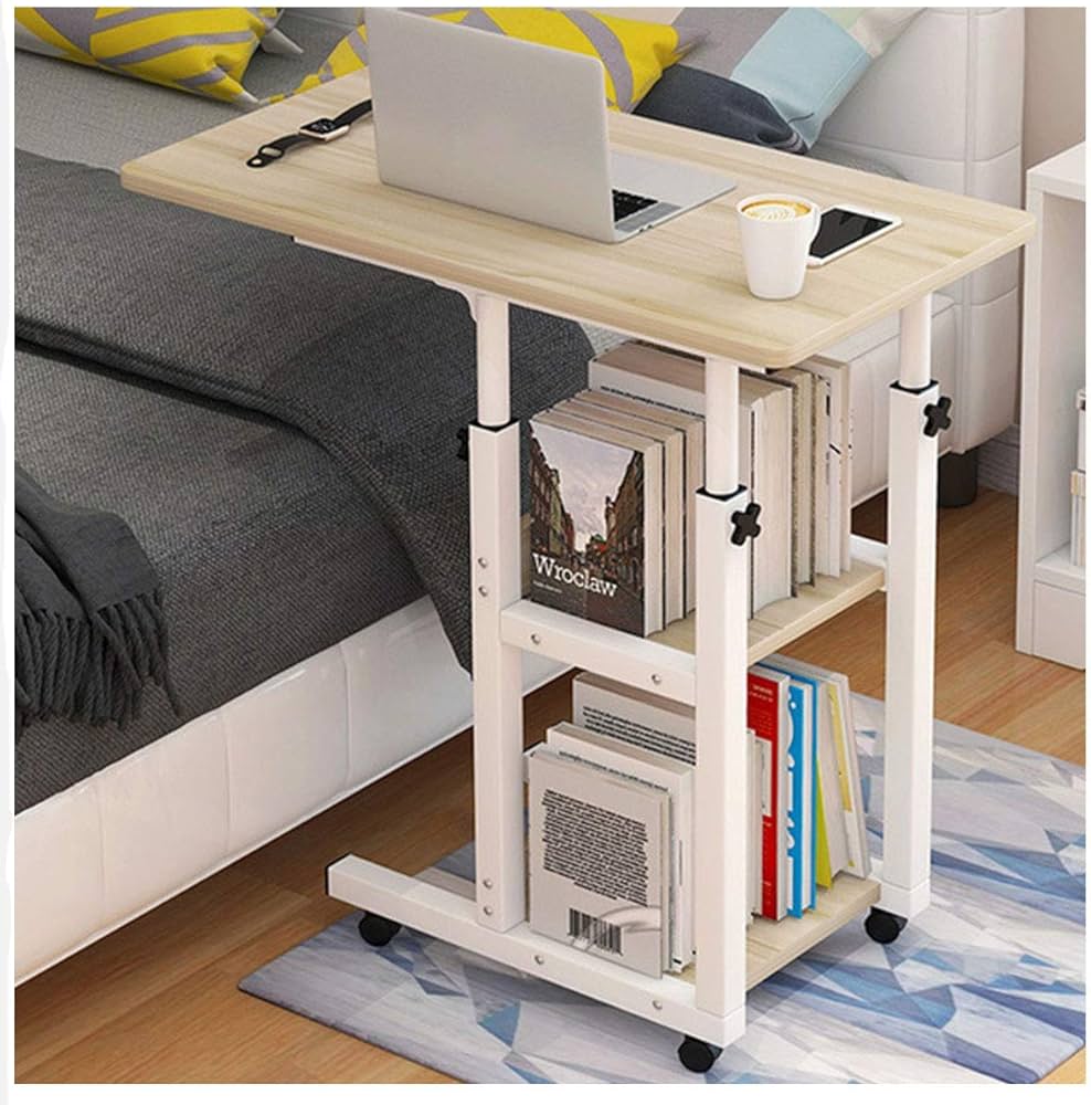 Table d’appoint réglable en hauteur avec roulettes et étagères de rangement - Bureau mobile pour ordinateur portable Electroshopdakar