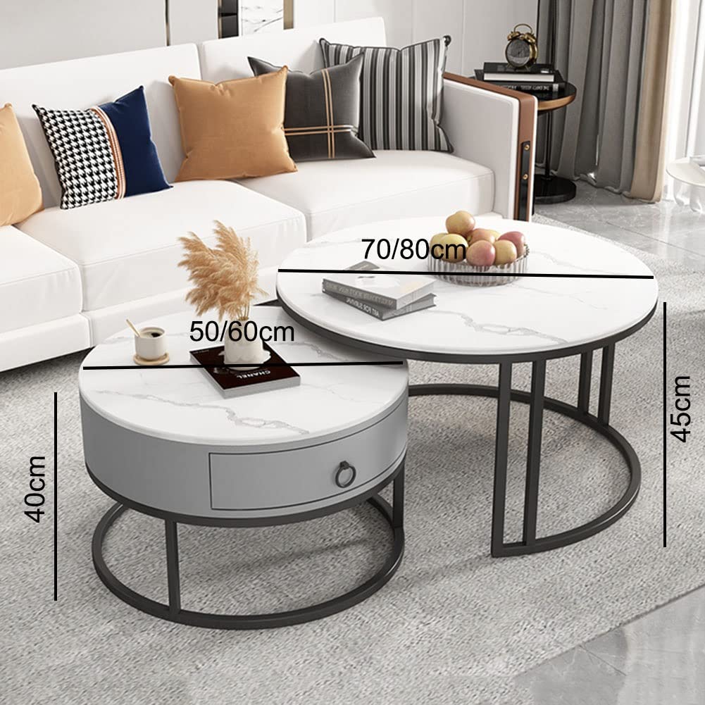 Table basse ronde moderne en marbre blanc avec rangement et structure en métal noir Electroshopdakar