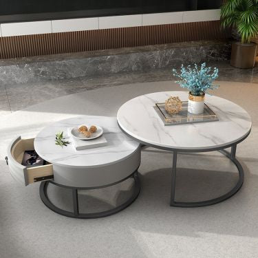 Table basse ronde moderne en marbre blanc avec rangement et structure en métal noir Electroshopdakar