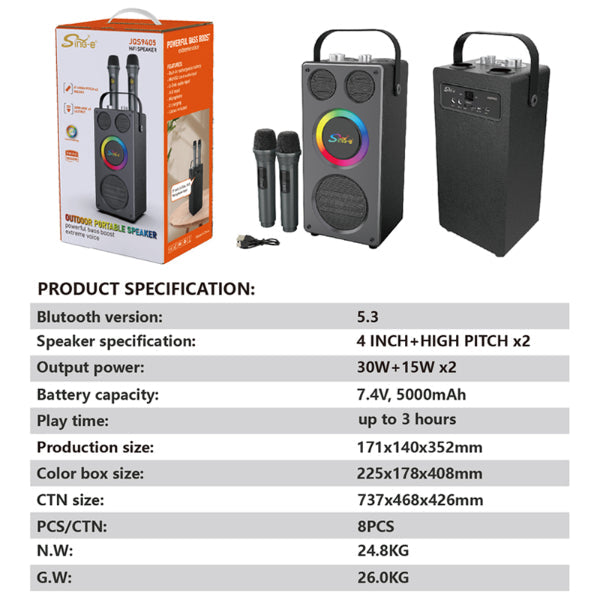 Enceinte Bluetooth Karaoke 60W avec 2 Micros Sans Fil – LED RGB – Bluetooth 5.3 Electroshopdakar