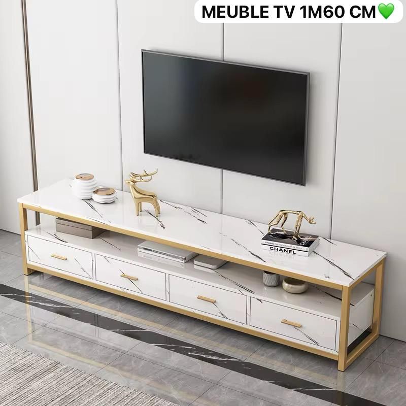 Meuble TV Moderne 1m60 – Effet Marbre Blanc et Cadre Doré Electroshopdakar