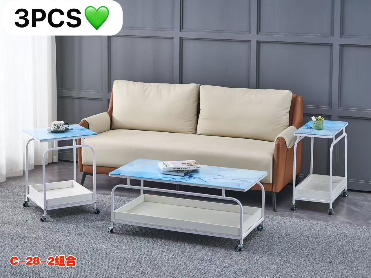 Table Basse VIP G-1 – Plateau Verre Bleu Marbré & Structure Métal avec Roulettes (100×50 cm) Electroshopdakar