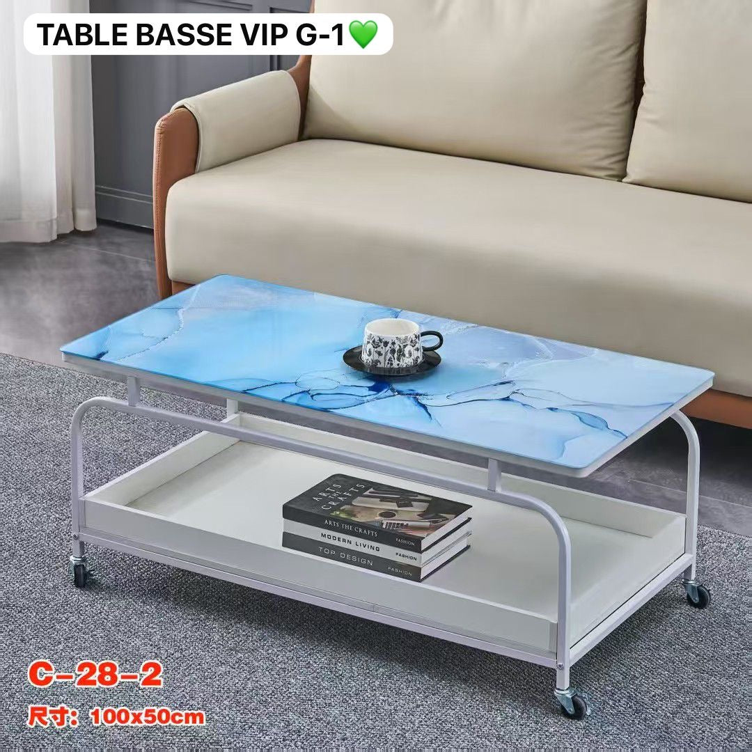 Table Basse VIP G-1 – Plateau Verre Bleu Marbré & Structure Métal avec Roulettes (100×50 cm) Electroshopdakar