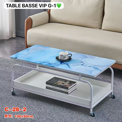 Table Basse VIP G-1 – Plateau Verre Bleu Marbré & Structure Métal avec Roulettes (100×50 cm) Electroshopdakar