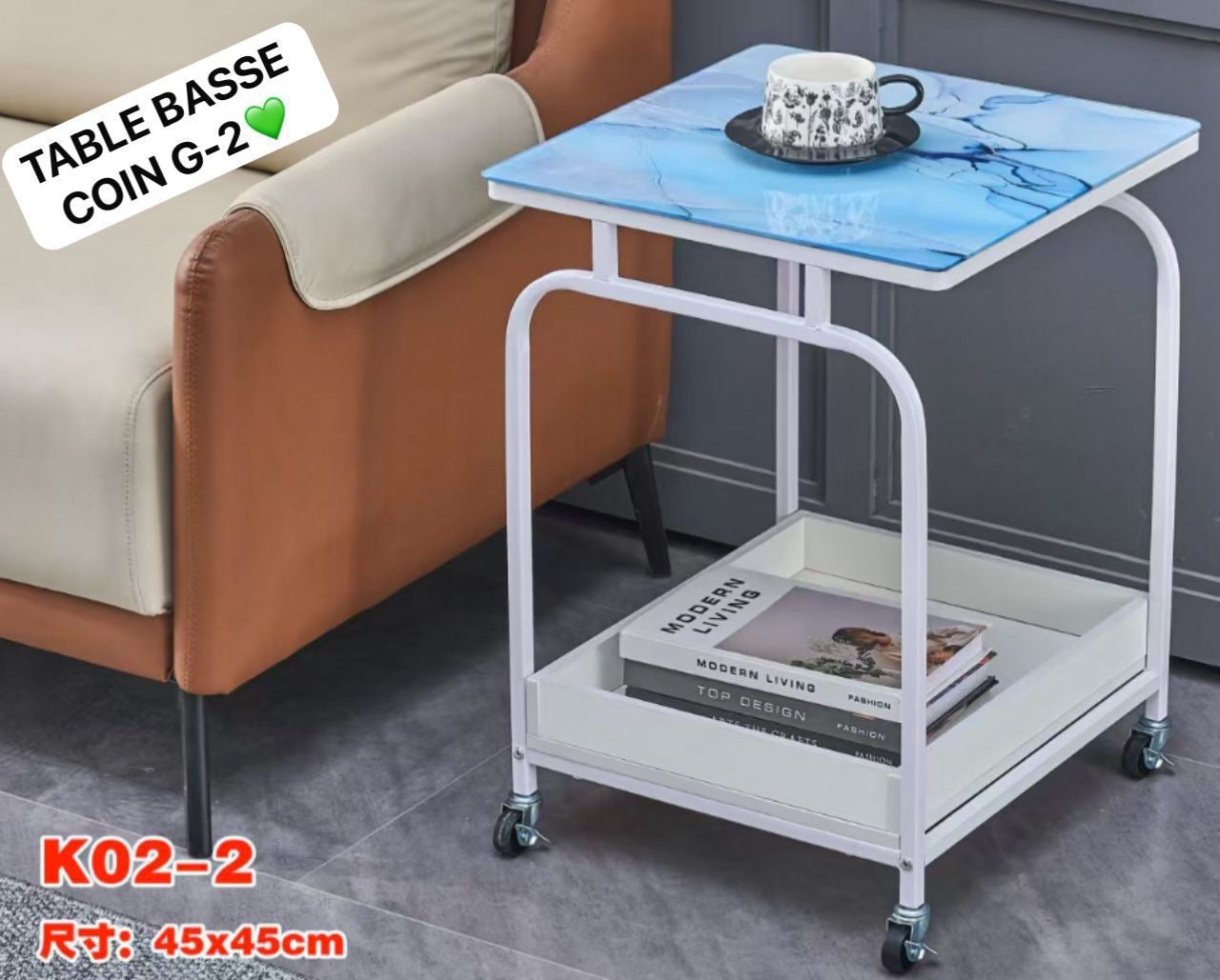 Table Basse Coin Mobile avec Roulettes – Effet Marbre Bleu 30x60 cm Electroshopdakar