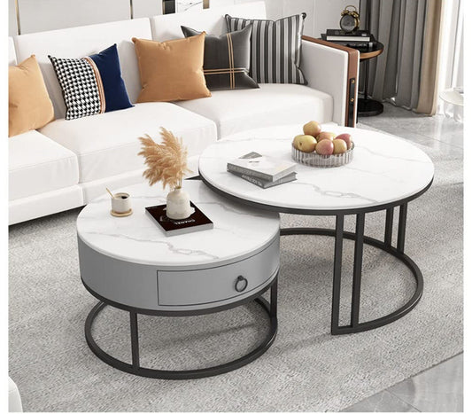 Table basse ronde moderne en marbre blanc avec rangement et structure en métal noir Electroshopdakar