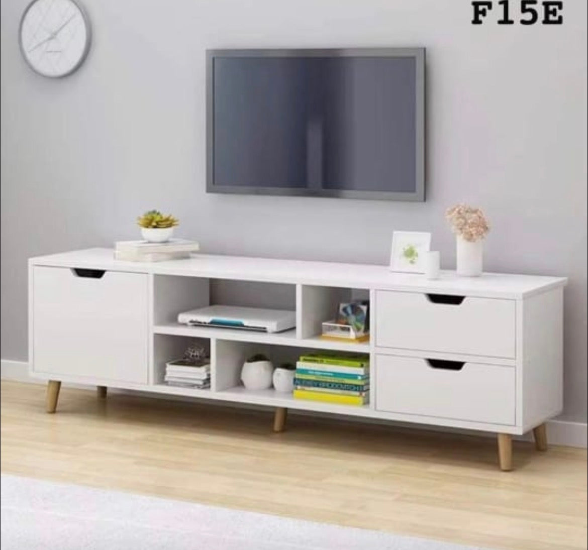Meuble TV Scandinave 140cm avec Rangements et Tiroirs – Design Moderne Bois & Blanc Electroshopdakar
