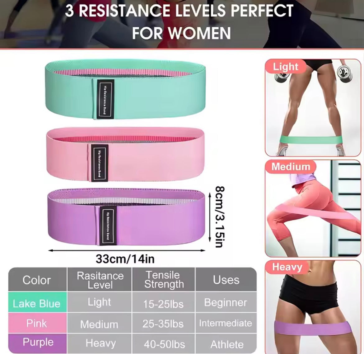 Bandes de résistance fitness pour fessiers et jambes – Lot 3 niveaux avec sac de rangement Electroshopdakar