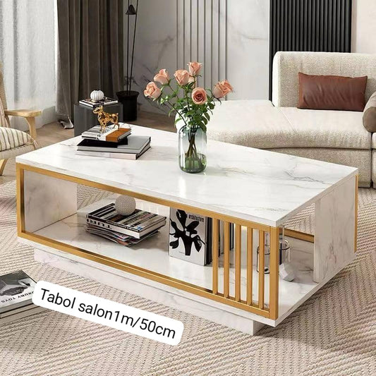 Table basse de salon effet marbre blanc & structure dorée – Design moderne (100 × 50 cm) Electroshopdakar