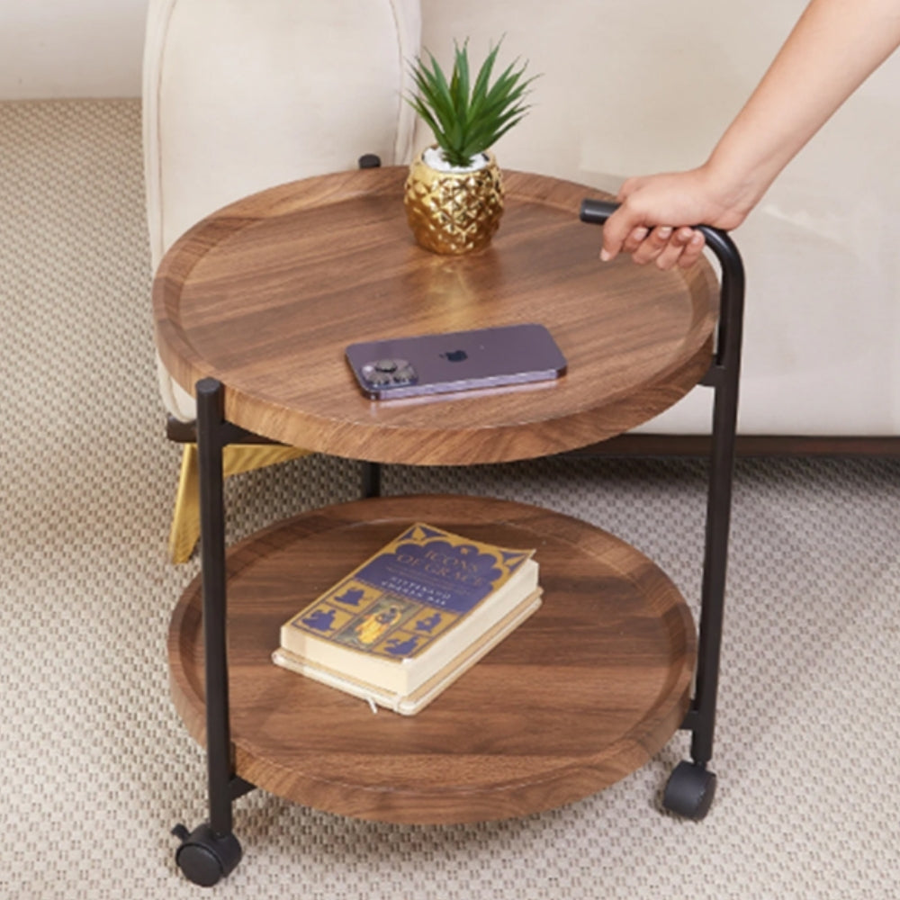 Table de Service Ronde en Bois avec Étagères à 2 Niveaux – Meuble de Rangement Moderne à Roulettes Electroshopdakar