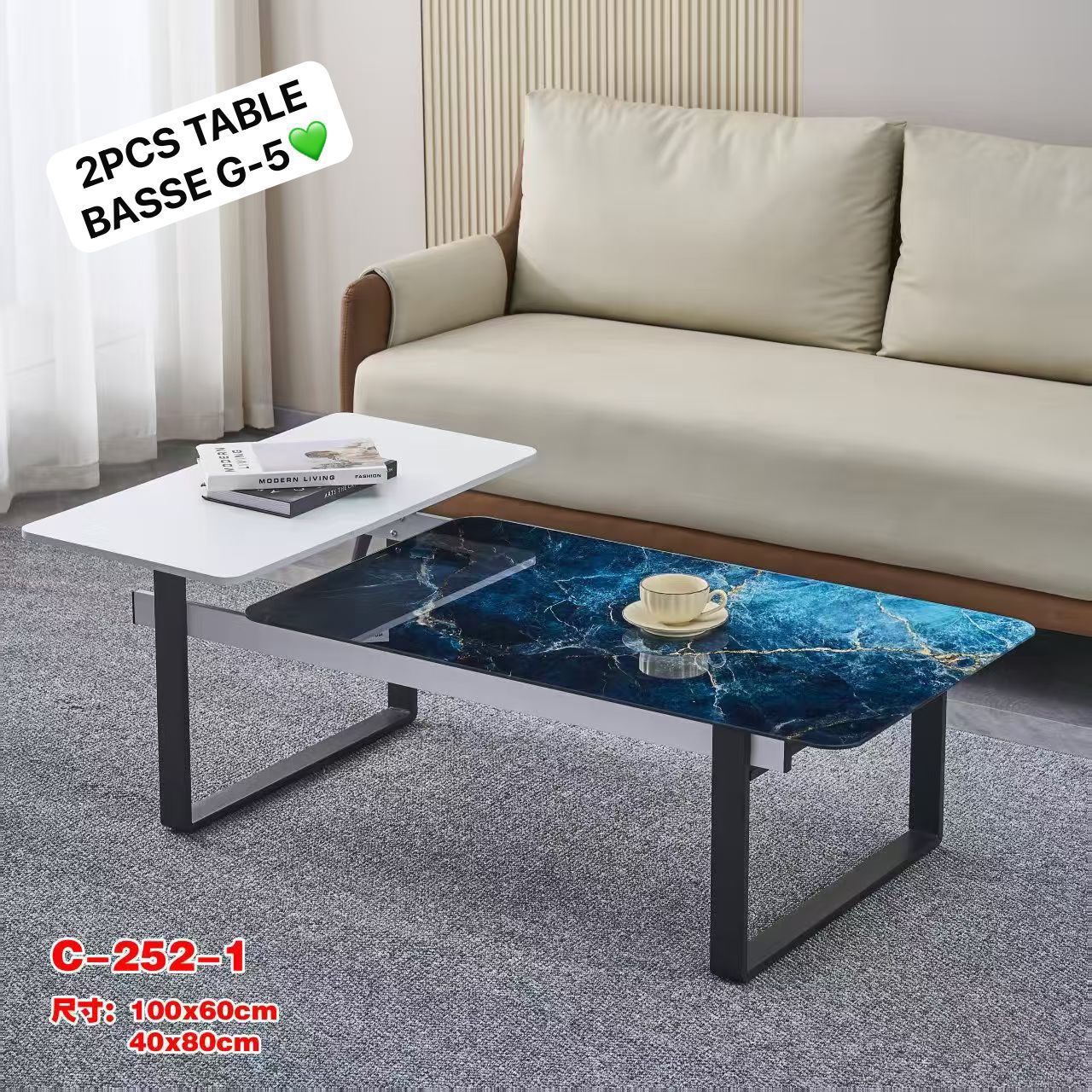 Lot 2 Tables Basses Design Marbre Bleu & Blanc – Table Salon Moderne 100x60 + 40x80 cm Electroshopdakar