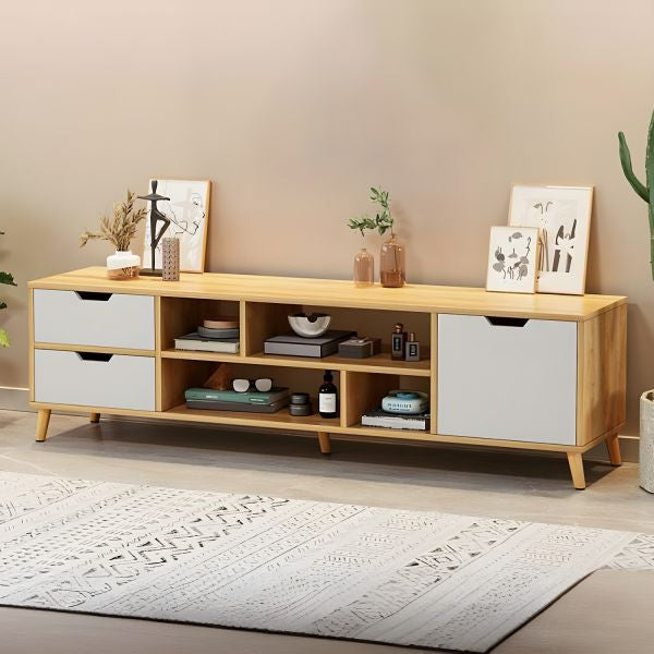 Meuble TV Scandinave 140cm avec Rangements et Tiroirs – Design Moderne Bois & Blanc Electroshopdakar