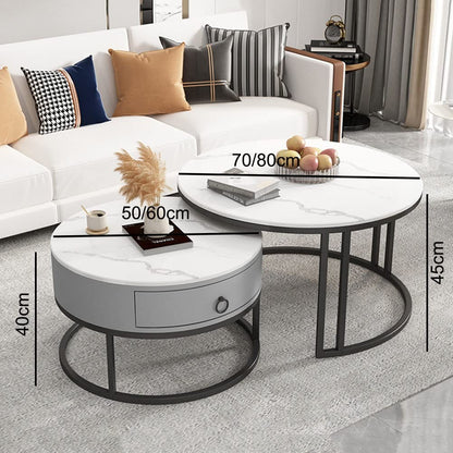 Table basse ronde moderne en marbre blanc avec rangement et structure en métal noir Electroshopdakar