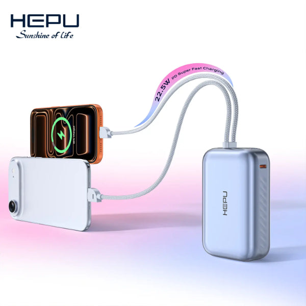 Mini Power Bank HEPU 10000mAh 22.5W PD – Batterie Externe Charge Rapide avec Câbles Intégrés Electroshopdakar