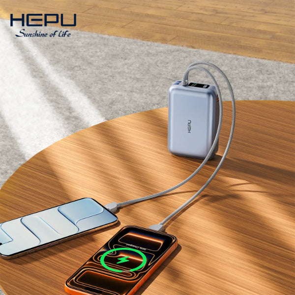 Mini Power Bank HEPU 10000mAh 22.5W PD – Batterie Externe Charge Rapide avec Câbles Intégrés Electroshopdakar