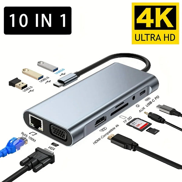 Hub USB-C 10-en-1 4K – Station d’Accueil Multiport avec HDMI, VGA, RJ45, USB 3.0, SD/TF et Charge PD Electroshopdakar