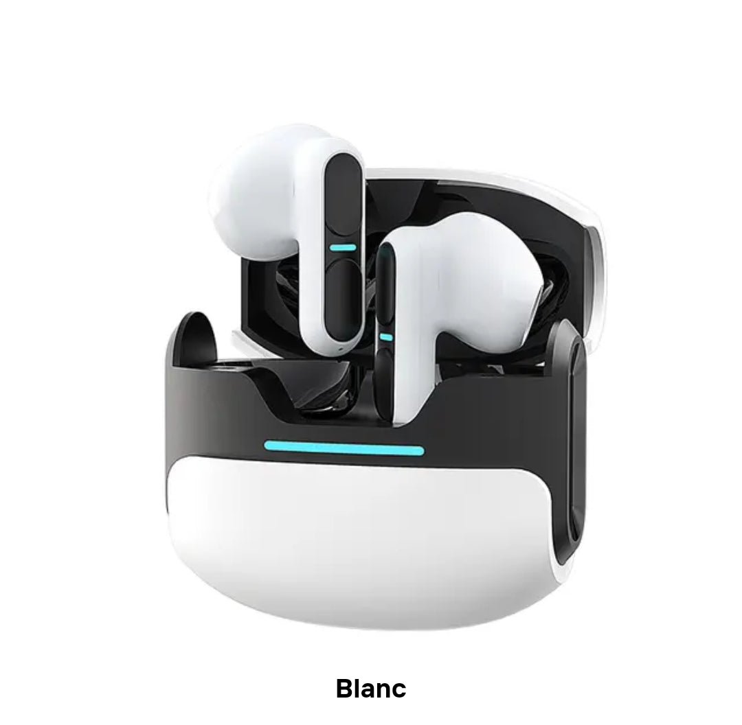 Écouteurs Bluetooth sans fil avec boîtier de charge LED – Blanc, Gris & Beige Electroshopdakar
