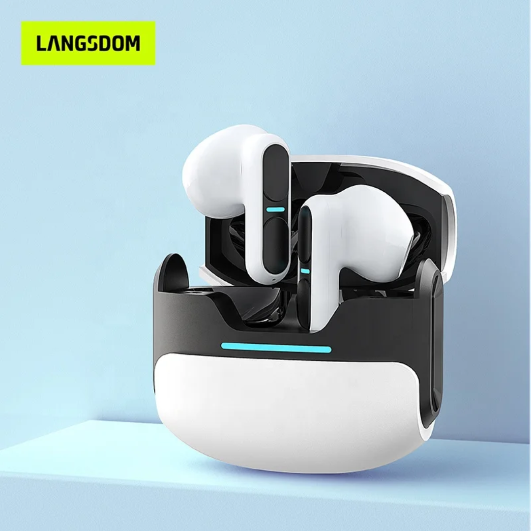 Écouteurs Bluetooth sans fil avec boîtier de charge LED – Blanc, Gris & Beige Electroshopdakar