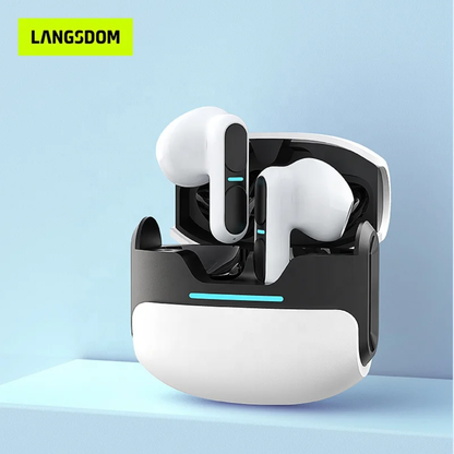 Écouteurs Bluetooth sans fil avec boîtier de charge LED – Blanc, Gris & Beige Electroshopdakar